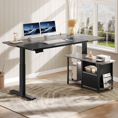 YITAHOME L Shaped Standing Desk with Power Outlets, 70.1" Electric Standing Desk Adjustable Height Sit Stand Corner Standing Desks Executive Desk with Drawers & Shelves, Grey + Black YITAHOME