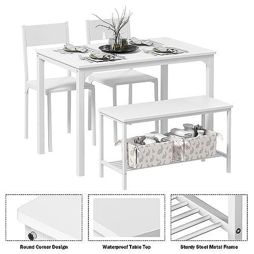 DlandHome 4 Person Dining Table Set, Dining Table with 2 Chairs and 1 Bench,Rectangular Space-Saving Dinner Table with Two Benches for Kitchen DlandHome