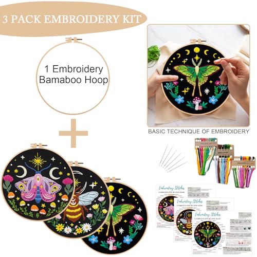Nuberlic 3 Pack Embroidery Kit for Adults Beginners, Stamped Cross Stitch Moth and Bee Patterns with Hoop, Thread, Needles & Step-by-Step Guide Easy DIY Starter Kit