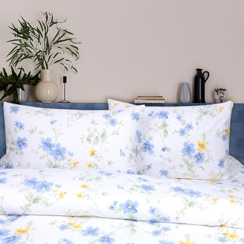 YINFUNG Blue Floral Cotton Duvet Cover Set Full White Yellow Flower Wildflower Cottage Botanical Summer French Country Girls Women Spring All Season Duvet Cover Zipper Aesthetic Bedding Set YINFUNG