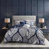 Madison Park Vienna Cotton Poly Blend Duvet Set - Classic Traditional Design, Cozy All Season Comforter Cover, Matching Shams, Decorative Pillows Vienna, King/Cal King(104"x92"), Indigo 6 Piece Madison Park