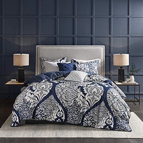 Madison Park Vienna Cotton Poly Blend Duvet Set - Classic Traditional Design, Cozy All Season Comforter Cover, Matching Shams, Decorative Pillows Vienna, King/Cal King(104"x92"), Indigo 6 Piece Madison Park