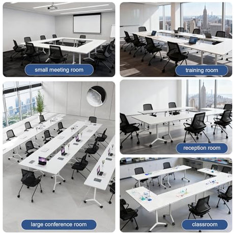 Usosidam Office Folding Conference Room Table,6 Pack Portable Mobile Conference Table with Large Wheels Foldable Modular Training Tables for Classroom Meetings Boardroom Events White55.2，6 Usosidam