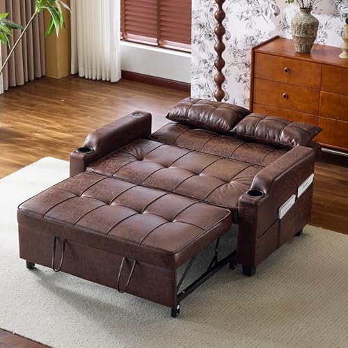 VINGLI Rustic Futon Sofa Bed Convertible Loveseat Sleeper Sofa Couch, Pullout Sofa Fold Out Couch Bed with USB Ports, Cup Holders, Armrest for Living Room, Bedroom Apartment Room VINGLI