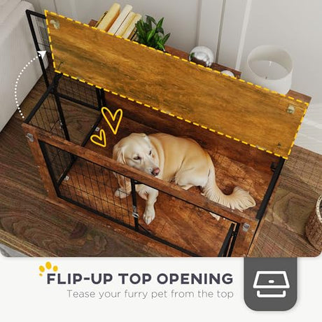 PawHut 39" Dog Crate Furniture with Flip-up Top Opening, Decorative Dog Kennel Furniture Side Table with 2 Doors for Large Breeds, Rustic Brown PawHut
