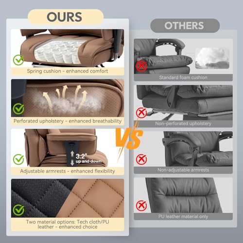 Dowinx Big and Tall Office Chair with Pocket Spring Cushion,High Back Computer Gaming Chairs with Adjustable Armrests,Executive Desk Chairs with Lumbar Support and Footrest,PU Leather-Brown Dowinx