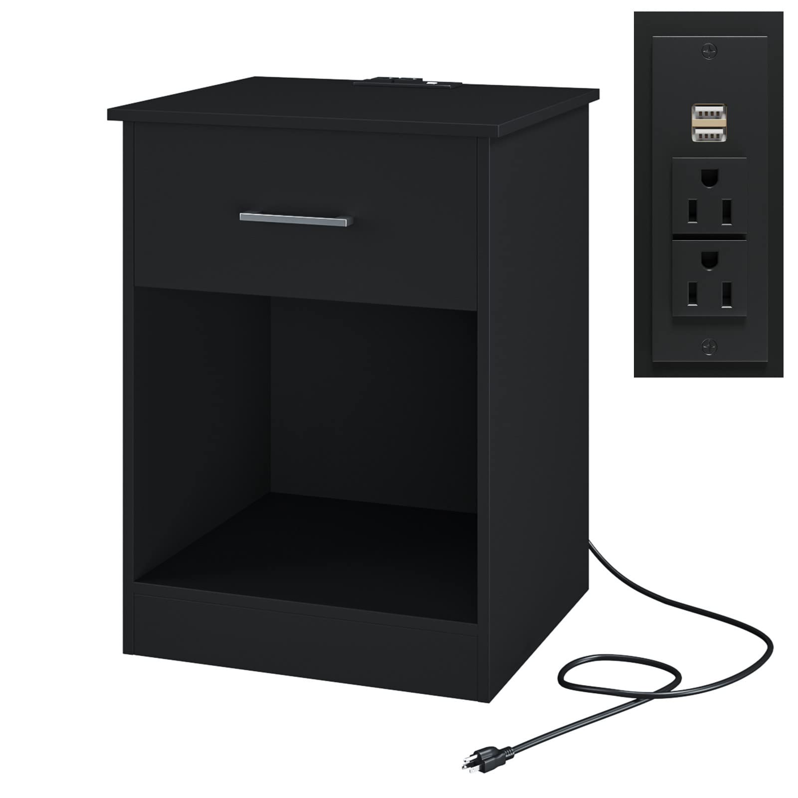 Reettic Set of 2 Nightstand with Charging Station and USB Ports & Power Outlets, Wooden End Table with Drawer and Opening Shelf, Side Table for Bedroom, Black RCTG101BE02 - WoodArtSupply