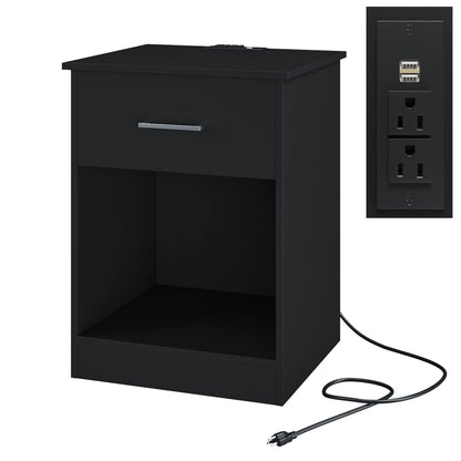 Reettic Set of 2 Nightstand with Charging Station and USB Ports & Power Outlets, Wooden End Table with Drawer and Opening Shelf, Side Table for Bedroom, Black RCTG101BE02 - WoodArtSupply