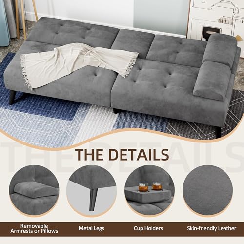 Shintenchi Futon Sofa Bed, Velvet Foldable Couch, Reclining Sleeper with Removable Armrests, Upholstered Loveseat Sofa Couch with Folding Cup Holders for Home, Office, Dark Gray Shintenchi