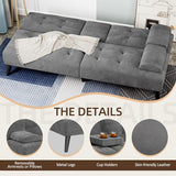 Shintenchi Futon Sofa Bed, Velvet Foldable Couch, Reclining Sleeper with Removable Armrests, Upholstered Loveseat Sofa Couch with Folding Cup Holders for Home, Office, Dark Gray Shintenchi