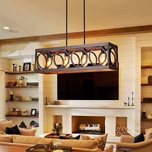 XINGQI Black Kitchen Island Light Fixtures, Farmhouse Dining Room Chandelier Rectangular Linear Chandeliers Pendant Ceiling Light Fixture for Bar Office Coffee Shop 4-Light Wood Grain XINGQI