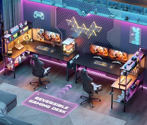 Aheaplus L Shaped Desk Gaming Desk, 59" L Shaped Computer Desk with LED Light & Power Outlet, Reversible Home Office Desk Gamer Desks with Shelves & Storage Bag & Hooks, Corner PC Desk, Black Aheaplus
