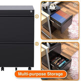 Aobabo Metal 2 Drawer Mobile File Cabinet with Lock, Under Desk Office Steel Filing Cabinet, 25.6''H Legal/Letter Size Files Storage Cabinet,Black,Fully Assembled Aobabo