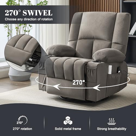 Reedvales Oversized Recliner Chairs for Adults, 270° Swivel Rocker Recliner with Heat and Massage Lazy Boy Recliner, Recliner Chairs Single Sofa Seat with Cup Holders (Grey, Electric) Reedvales