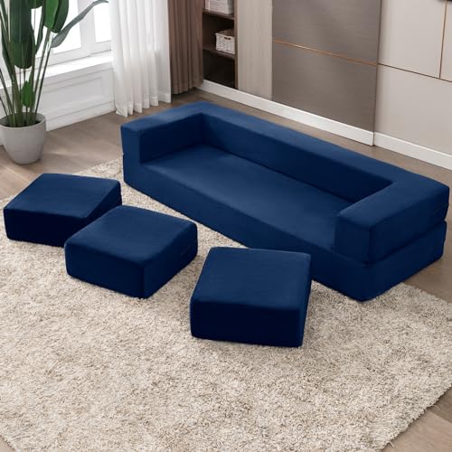 CECER 80" Convertible Floor Sofa Bed，Folding Sofa Bed with 3 Ottomans，Velvet Modular Sectional Futon Sleeper，Foldable Memory Foam Couch for Living Room/Guest Room/Playroom（Blue） CECER