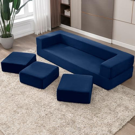 CECER 80" Convertible Floor Sofa Bed，Folding Sofa Bed with 3 Ottomans，Velvet Modular Sectional Futon Sleeper，Foldable Memory Foam Couch for Living Room/Guest Room/Playroom（Blue） CECER