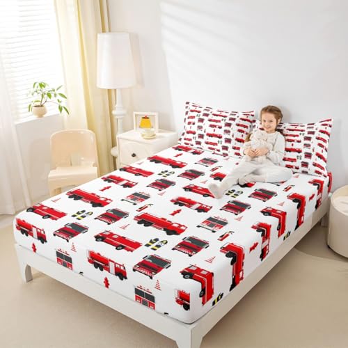 Erosebridal Fire Truck Sheet Set King for Boys Teens Girls Firemen Car Vehicle Flat Sheet Kids Youth Firefighter Truck Fitted Sheet Red Fire Fighting Supplies Print Bed Sheet Set with 2 Pillowcases Erosebridal