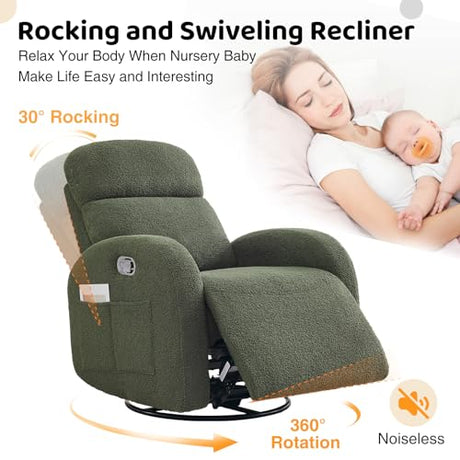 AEMEIOS Nursery Glider Recliner, Boucle Nursery Rocking Chair Recliner, Manual Nursery Glider Recliner with Double Pockets and Lumbar Support for Adult, Teddy Green AEMEIOS