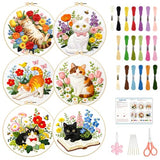 BEUNITONE 6 Set Varieties Cat and Flowers Embroidery Kit for Adults Beginners, Pre-Stamped Pattern Needlepoint Kits with Hoop, Tools, Instruction, Hand Embroidery Kits for Gifts, Fabric and Home Decor