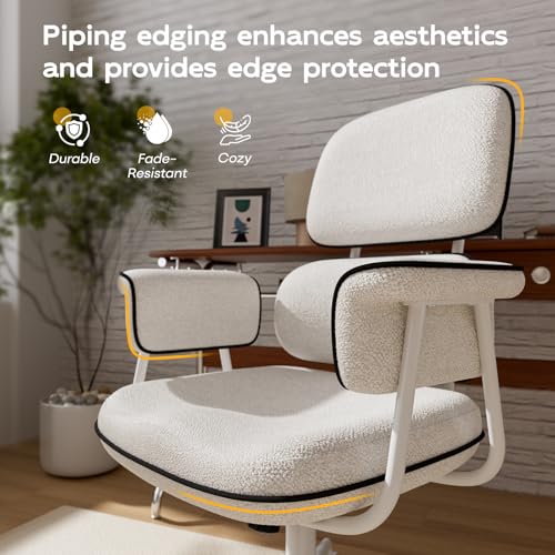 Fabric Office Chair with Granular Linen, Mid Back Vintage Desk Chair with Wheels and Wide Arms, Mid Century Modern Home Office Desk Chairs with Memory Foam Seat Cushion, Adjustable Height, White HomeZeer
