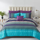 Cottolester Boho Comforter Set Queen Size 8 Piece Bed in a Bag Bohemian Striped Bedding Quilt Set Aqua Paisley Floral Comforter and Sheet Set,Soft Microfiber Complete Bedding Sets for All Season Cottolester