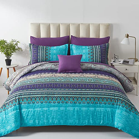 Cottolester Boho Comforter Set Queen Size 8 Piece Bed in a Bag Bohemian Striped Bedding Quilt Set Aqua Paisley Floral Comforter and Sheet Set,Soft Microfiber Complete Bedding Sets for All Season Cottolester