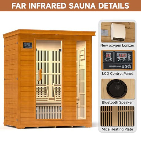 springspa 3 Person Infrared Sauna Indoor Home Sauna, Low EMF Far Infrared Canadian Hemlock Dry Saunas Room with 2 LCD Panels, 2820W/240V 15amp, 7-Color Light Therapy, 60.24"x43.31"x74.8" springspa