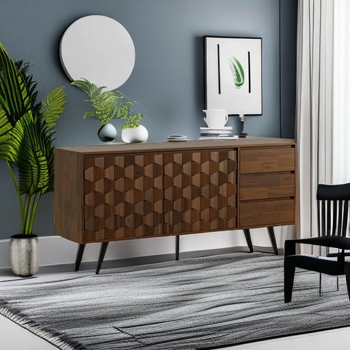 Bme 61'' Mid Century Modern Cabinet with Geometric Pattern for Kitchen, Dining, Living Room Sideboard Georgina Solid Wood 2 Doors & 3 Drawers, Walnut