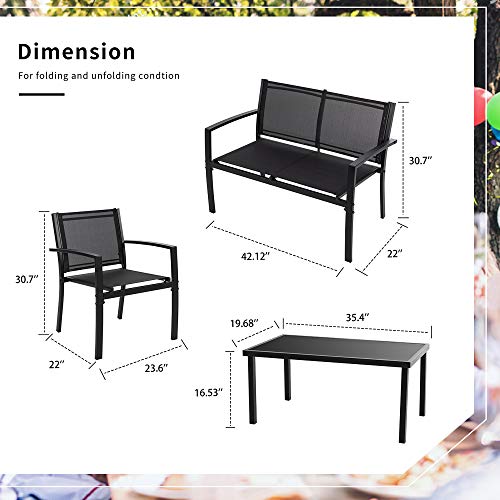 Shintenchi 4 Pieces Patio Furniture Set All Weather Textile Fabric Outdoor Conversation Set, with Glass Coffee Table, Loveseat, 2 Single Chairs for Home, Garden, Lawn, Porch（Black） Shintenchi