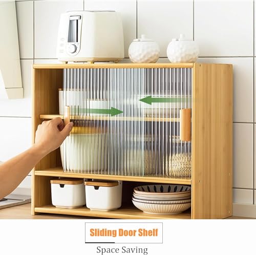 Bamboo Countertop Storage Cabinet with 2 Sliding Striped Glass Doors, Kitchen Cabinet Pantry Sideboard Freestanding Utility Cupboard for Spice Seasoning Bottles, Dish, Bowl (Wood Color) BuufuS