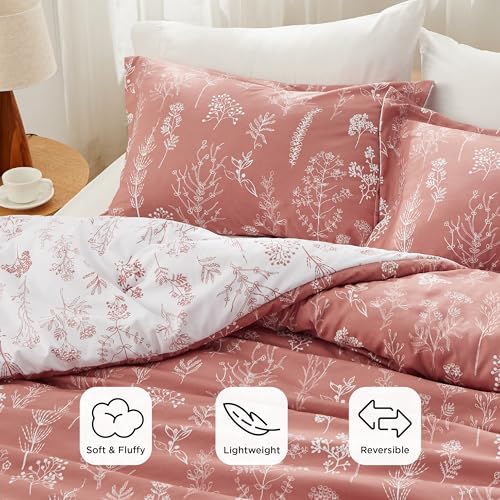 Bedsure Queen Comforter Set - Grayish Pink Bed Set, 3 Pieces Cute Floral Bedding, 1 Soft Reversible Botanical Flowers Comforter and 2 Pillow Shams Bedsure