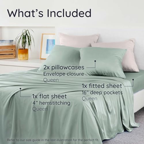 Bambaw 100% Viscose Derived from Bamboo Sheets Queen Size Deep Pocket Set – 4pcs Hotel Luxury Bedding Set, Fits Up to 16'' with Elastic Corner Straps, Ultra Soft Cooling Sheets Queen Size (Sea Glass) Bambaw