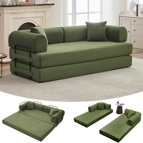 IDEALHOUSE 4 in 1 Convertible Sleeper Sofa Bed Couch, 79 Inch Boneless Corduroy Floor Couch with Pillows, No Assembly, Modern Deep Seat Sofa Futon Mattress for Living Room,Apartment,Green IDEALHOUSE