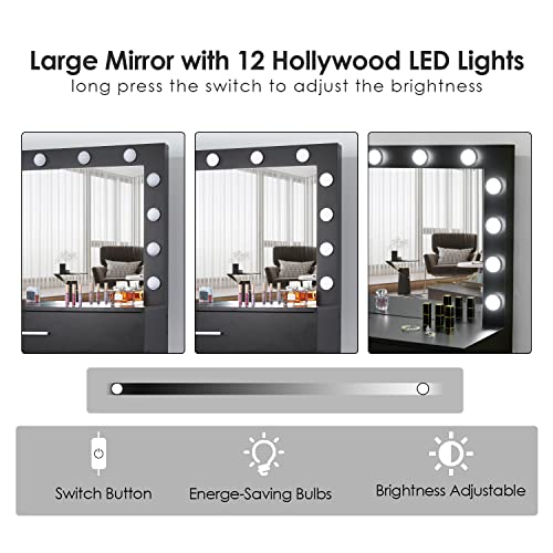 Titoni Vanity Desk, Makeup Vanity Desk Storage with Mirror, Lights for Bedroom (Black) Titoni