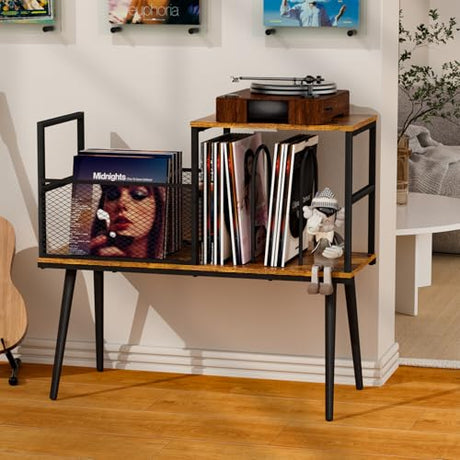Record Player Stand with Vinyl Record Storage, Holds Up to 200 Albums, Record Storage Cabinet & Record Stand, Vintage Industrial Turntable Stand with Adjustable Feet for Living Room Chloraeon
