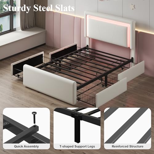 LoVinson Twin Size Bed Frame with 4 Storage Drawers, Charging Station and LED Light, Adjustable Upholstered Headboard, Noise-Free, No Box Spring Needed, Easy Assembly, White LoVinson
