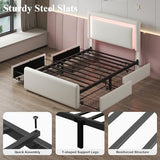 LoVinson Twin Size Bed Frame with 4 Storage Drawers, Charging Station and LED Light, Adjustable Upholstered Headboard, Noise-Free, No Box Spring Needed, Easy Assembly, White LoVinson