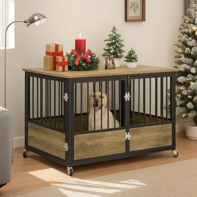 DWVO Dog Crate Furniture with Wheels, 43 Inch Dog Kennel Indoor Furniture End Table Dog Crate for Dogs, Farmhouse Decorative Wooden Dog Cage Table with Double-Doors, Chew-Resistant, Greige