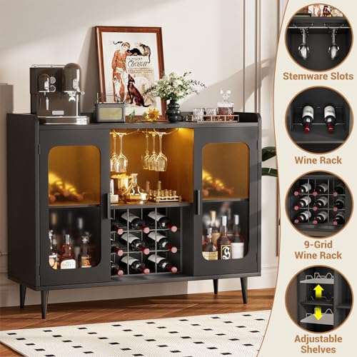 iSunirm Wine Bar Cabinet with Power Outlet, Liquor Cabinet Bar with LED Light and Glass Holder, Home Coffee Bar Cabinet, Buffet Sideboard with Storage Shelf for Kitchen, Dining Room, Black - WoodArtSupply