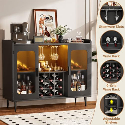 iSunirm Wine Bar Cabinet with Power Outlet, Liquor Cabinet Bar with LED Light and Glass Holder, Home Coffee Bar Cabinet, Buffet Sideboard with Storage Shelf for Kitchen, Dining Room, Black - WoodArtSupply