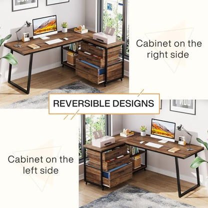 LITTLE TREE Reversible 53-inch L Shaped Desk with 3 Drawer, Farmhouse Corner Desk Gaming Table with Shelves and File Cabinet for Letter Size & Legal Size File for Home Office and Small Space - WoodArtSupply