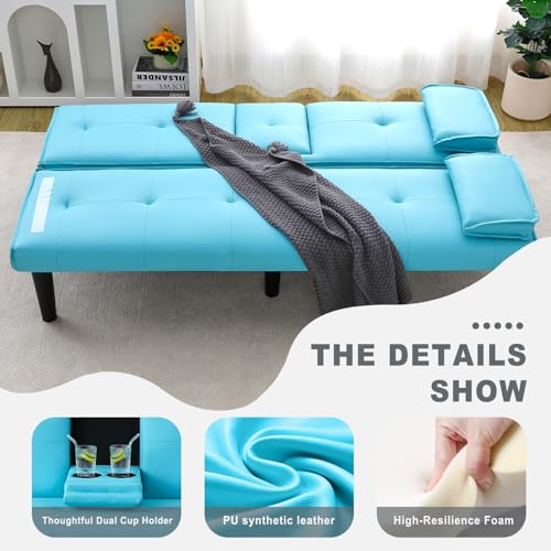 AnoYishev Futon Sofa Bed PU Leather Modern Convertible Futon Couch with Removable Armrests, Cup Holders, Loveseat Sleeper Sofa Bed for Living Room, Apartment, Small Spaces (Blue) AnoYishev