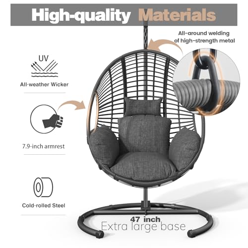 CHINNLUU Oversized Hanging Egg Chair Outdoor Wicker Swing Chair with Stand Rain Cover UV Resistant Cushion 400lbs Capacity for Patio, Garden and Balcony CHINNLUU