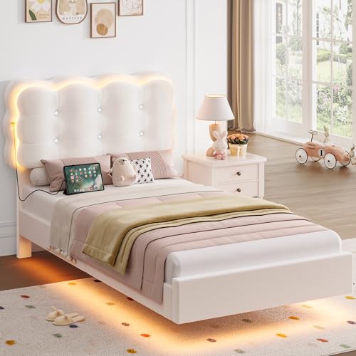 HIFIT 2 Set Upholstered Twin Size LED Bed Frame with Charging Station, Adjustable Crystal-Tufted Puffs Headboard, Velvet Girls Floating Twin Platform Bed Frames for Kids with Under Bed Lights, Beige HIFIT