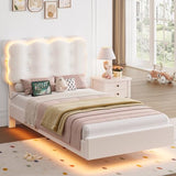 HIFIT 2 Set Upholstered Twin Size LED Bed Frame with Charging Station, Adjustable Crystal-Tufted Puffs Headboard, Velvet Girls Floating Twin Platform Bed Frames for Kids with Under Bed Lights, Beige HIFIT