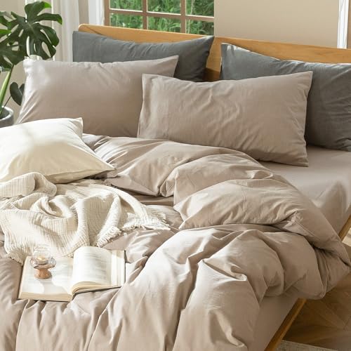 MooMee Bedding Duvet Cover Set 100% Washed Cotton Linen Like Textured Breathable Durable Soft Comfy (Heathered Taupe, Twin 68"x90") MooMee
