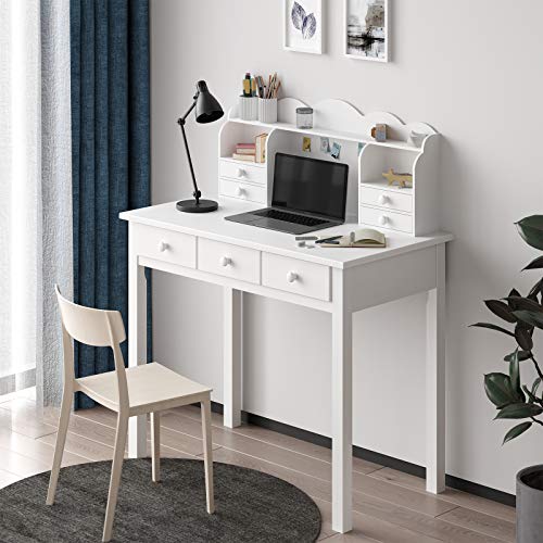 ADORNEVE Writing Desk with USB Port, Home Office Desk with Drawers and Hutch, 36.2" Study Table Computer Desk for Student/Adults, Computer Work Station with Storage Shelf, 7 Drawers, White ADORNEVE