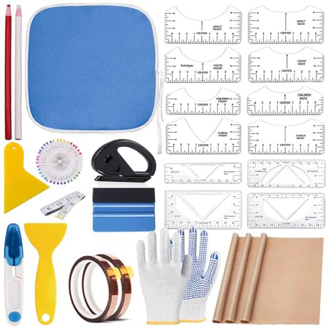 67 Pcs Sublimation Shirts Tool Kits for Vinyl Alignment,Portable Pad for Ironing,T-Shirt Rulers Guide and Teflon Sheet for Cricut Heat Press HTV Vinyl Center Designs,Craft Sewing Accessories DNSGOOR