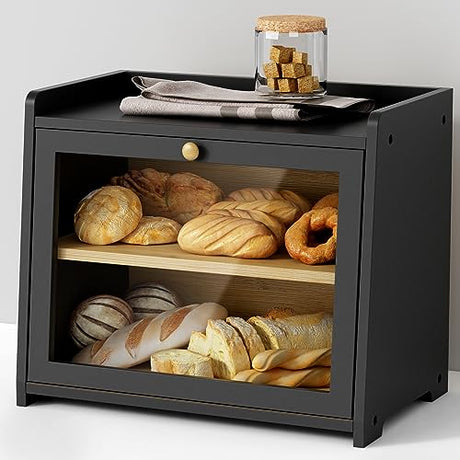 Goozii Black Bread Box for Kitchen Countertop, Large Bread Storage Container for Homemade Bread, Wood Farmhouse Breadbox Organizer for Kitchen Counter Corner, Cabinet, Pantry, Cupboard (Black) Goozii