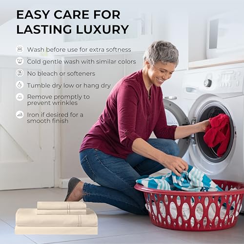 Mayil Manor 100% Natural Cotton Bed Sheets | 500 TC Single-Ply Sateen Weave Cal King Sheet Set | Soft & Hypoallergenic Solid 4-Piece Bedding with Deep Pocket Fitted, Flat, Pillowcase | Cream Beige Mayil Manor